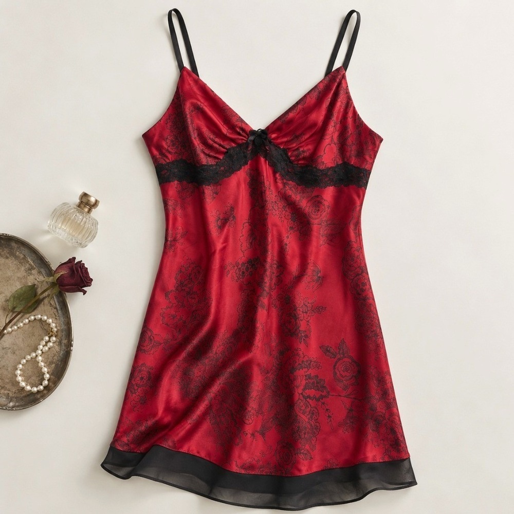 Vintage Mini Slip Dress Chemise Floral Lace Medium Red Black Lingerie 90s Goth